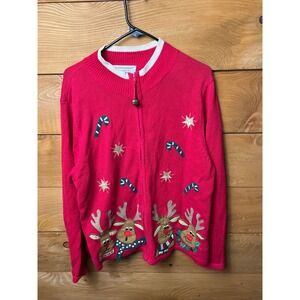 Tiara International Ugly Christmas Cardigan Sweater Lg Reindeer Candy Cane Holid